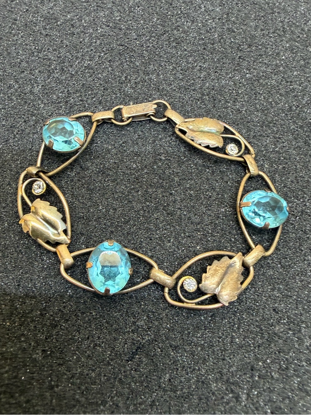 Vintage Sterling Gold Filled Aqua Aquamarine Blue Rhinestone Leaf Bracelet